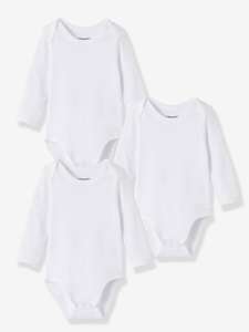 Lot de 3 bodies bébé pur coton manches longues ouverture US Oeko-Tex - blanc (plusieurs tailles)