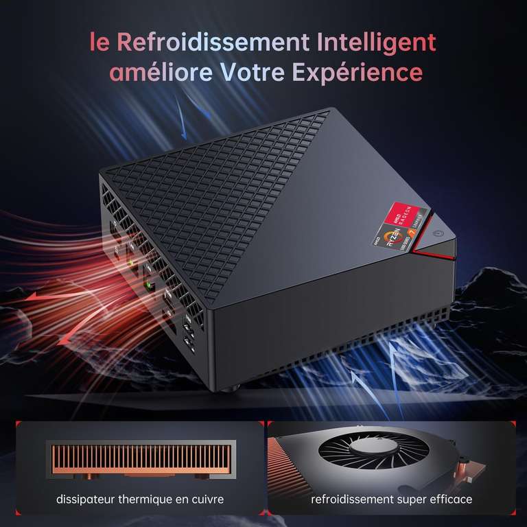 Mini PC ACEMAGIC AM06 Pro - Ryzen 7 5700U, RAM 16 Go, SSD 512 Go, RX Vega 8, WiFi 6, ‎W11 Pro (USB-C, 4x USB-A, HDMI, DP, 2x RJ45)