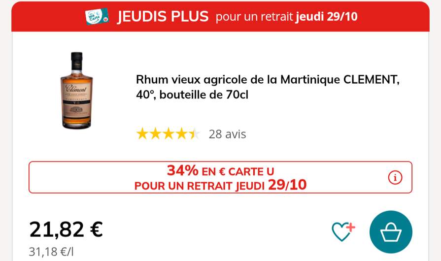 Rhum vieux agricole Clément 14,40€ chez Courses U | Dealabs
