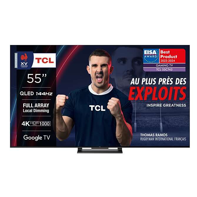 TV 55" QLED TCL 55C743 (2023) - 4K UHD, 144 Hz, Dolby Vision, HDR10+, HDMI 2.1, VRR, ALLM, Google TV (via ODR de 100€)