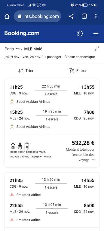 Vol A/R Paris (CDG) <-> Maldives (MLE) avec 1 Escale avec bagage soute du 9 au 24 novembre via la compagnie Saudia