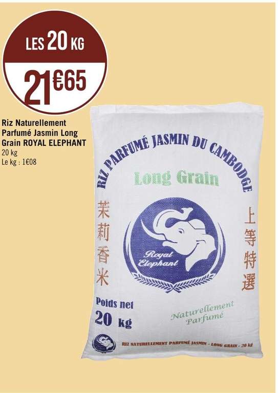 Riz Naturellement Parfumé Jasmin Long Grain Royal Elephant - 20 Kg ( 19,48€ pour les abonnés Casinomax).