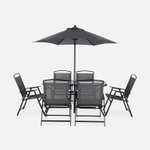 Ensemble de jardin Sonia: Table plateau verre trempé (140 x 80 x 70cm) + 6 chaises assises en textilène + Parasol (Ø 195 x H202cm)