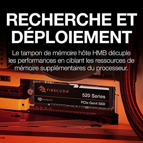 SSD interne M.2 NVMe Gen4 Seagate FireCuda 520 - 1 To, TLC 3D, Jusqu'à 5000-4850 Mo/s en Lecture-Écriture (2To à 134,89€)