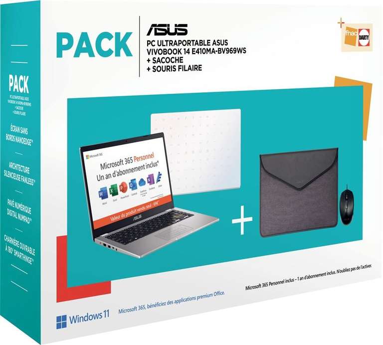 PC Ultra-Portable 14" Asus Vivobook E410MA-BV969WS - HD, Intel Celeron N4020, 4 Go RAM, 64 Go eMMC, Blanc + Housse + Souris filaire