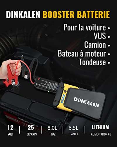 Booster Batterie Voiture Dinkalen - 15800mAh 1200A, Jusqu’à 8.0L Essence / 6.5L Diesel, Pinces de Sûreté, QC 3.0, Lampe LED (vendeur tiers)