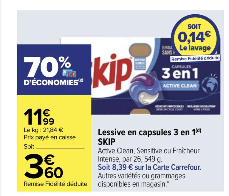 Boîte de 26 capsules de lessive 3 en 1 Skip - Différentes variétés (Via 8.39€ sur la carte de fidélité)