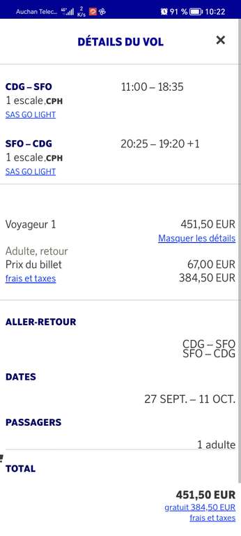 Vol A/R Paris (CDG ) <-> San Francisco (SFO) du 27 septembre au 11 octobre avec escale, bagage cabine, via Scandinavian airlines