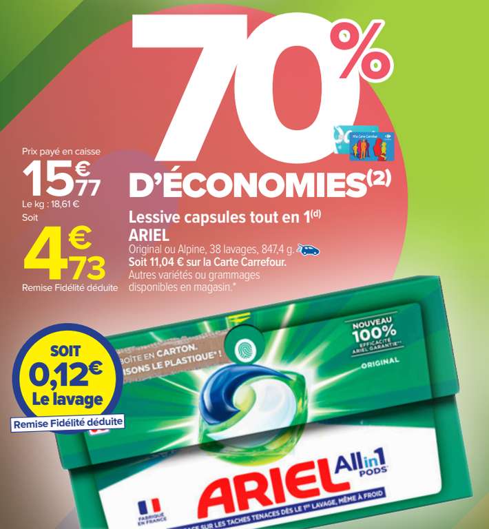 Paquet de Lessive Ariel Pods all-in-one 38 lavages - Différentes variétés (via 11,04€ sur la Carte de Fidélité et ODR de 6,30€)