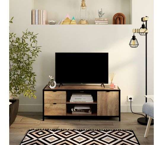 Meuble TV Evergreen, 124 x 39 x 50 cm, imitation chêne foncé et noir