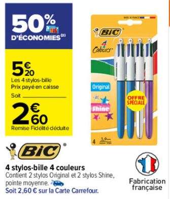 Lot de 4 stylos-bille BIC 4 couleurs (via 2,60€ sur la carte de fidélité)