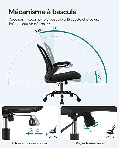 Chaise de bureau ergonomique en toile - Support lombaire rembourré - Mécanisme à Bascule - Accoudoirs rabattables - Noir - 66x 60x 107 cm