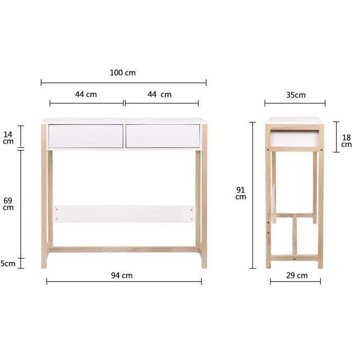Console 2 tiroirs Ankara - Plaquée en bois de frêne et blanc - L 76 x P 48 x H 88 cm