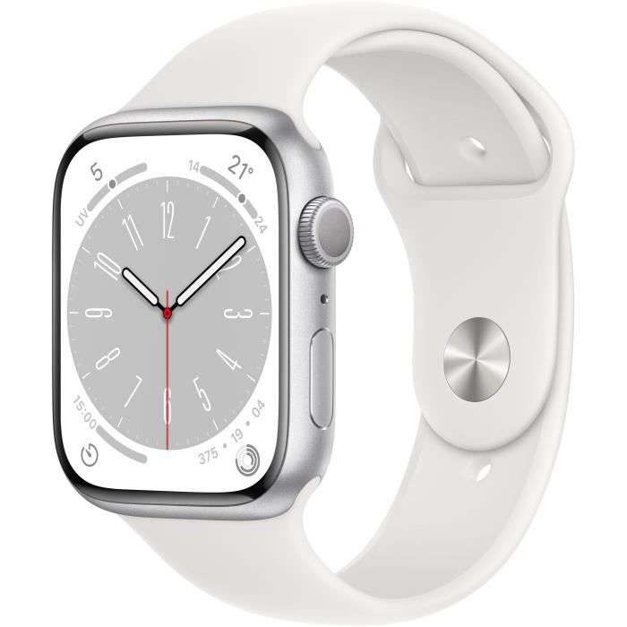 Montre connectée Apple Watch Series 8 GPS - 45mm, boîtier Silver Aluminium, bracelet White Sport Band