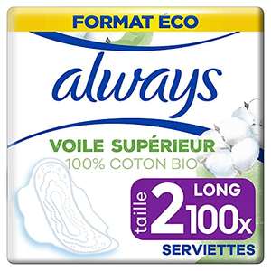 Lot de 100 serviettes hygiéniques avec ailettes Always Cotton Protection - taille 2 (10 x 10 unités)