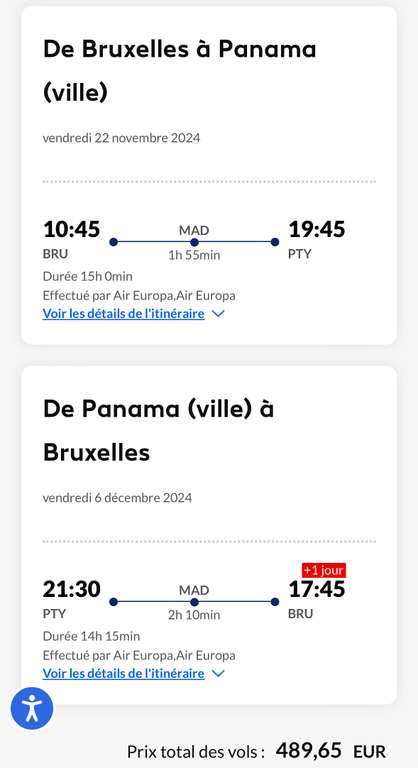 Vol A/R Bruxelles (BRU) <-> Panama City (PTY) - Du 22 Novembre au 6 Décembre (Bagage cabine de 10 kg) - aireuropa.com