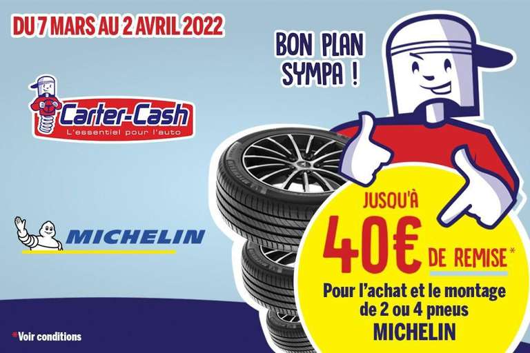 20€ en bon d'achat pour l'achat et le montage de 2 pneus Michelin ou 2 bons de 20€ pour 4 pneus Michelin à valoir en Magasin