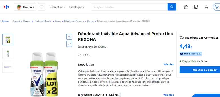 Lot de 2 Déodorants Invisible Aqua Advanced Protection REXONA 2 x 100 ml (via 1,51€ cagnottés) - Montigny les cormeilles (95)