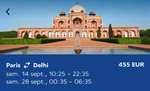 Vol Direct A/R Paris (CDG) <-> Delhi (Inde) - Du Samedi 14 au Samedi 28 Septembre (Bagage en soute de 23kg inclus)