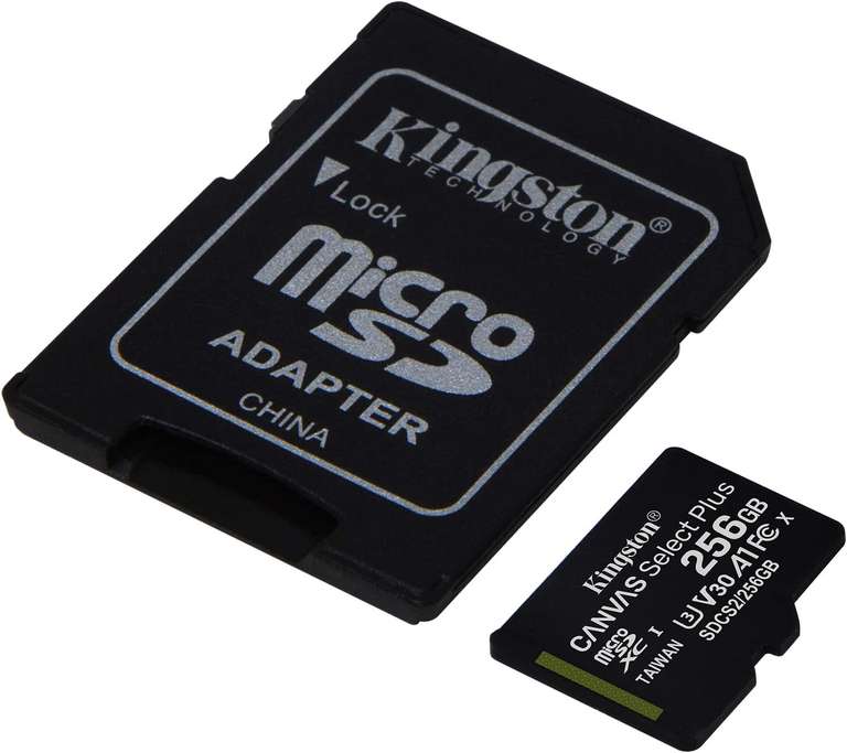 Carte Micro SDXC Kingston Canvas Select Plus (U3, V30, A1) avec Adaptateur SD - 256 Go, Jusqu'à 100 Mo/s