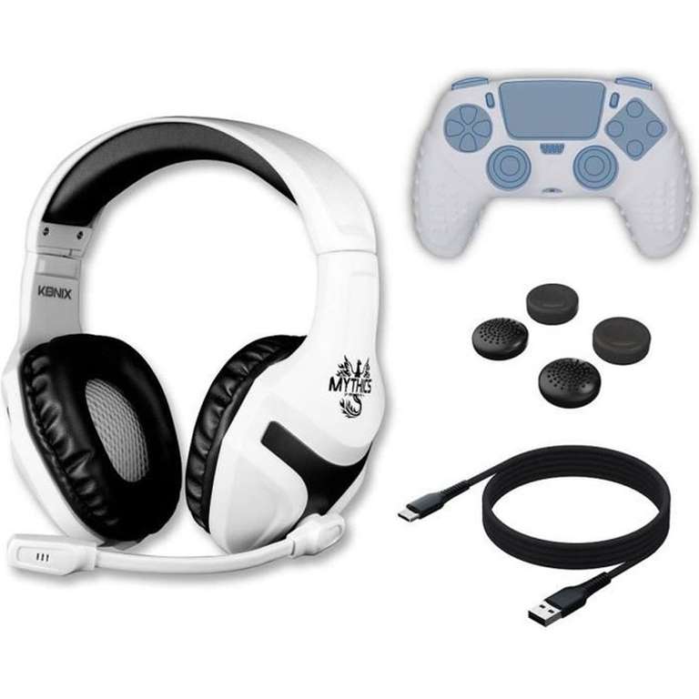 Starter Pack Konix pour PS5 - Casque Headset PS-400 + Appuies-pouces en silicone + Cable de charge 3m + Protection en silicone pour manette