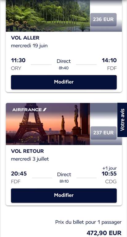 Vol Direct A/R Paris (ORY) <-> Martinique (FDF) - Du 19 Juin au 3 Juillet (Bagage cabine de 12 kg)