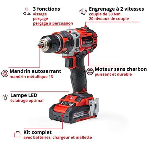 Perceuse Visseuse à Percussion Einhell Professional TE-CD 18/50 - Power  X-Change Li-ion 18 V Brushless 50Nm, 2 Batteries 2Ah + 1 Chargeur –
