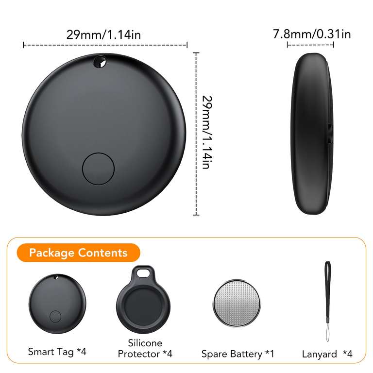 Lot De 4 Traceurs Android Smart Tag - Compatible Google Localiser - Portée Bluetooth 120 Pieds - Noir - 9