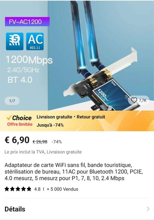 Carte WiFi 5 PCie Fenvi FV-AC1200 - 1200Mbps, Dual band 2.4Ghz/5Ghz, 802.11ac, Bluetooth 4.0