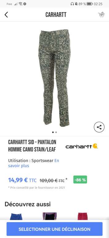 Pantalon Carhartt SID pour Homme - Camo, Tailles 28 à 31