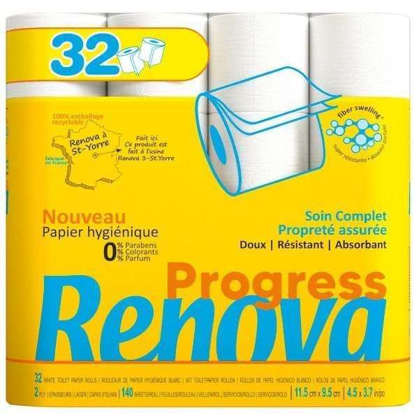 Paquet de 32 rouleaux de papier hygiénique Renova Progress (Via 7.69€ sur la carte)