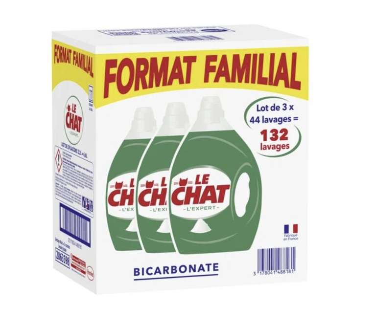 Lot de 3 bidons de lessive Liquide Bicarbonate L'Expert Le Chat - 3 x 2,2 L (via 23,42€ sur la carte fidélité)
