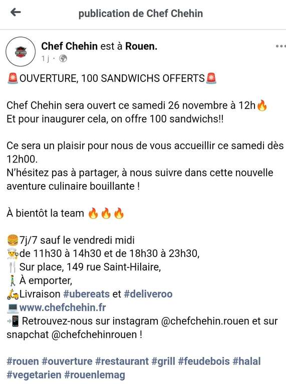 100 sandwichs offerts pour l'ouverture du nouveau restaurant - Chef Chehin Rouen (76)