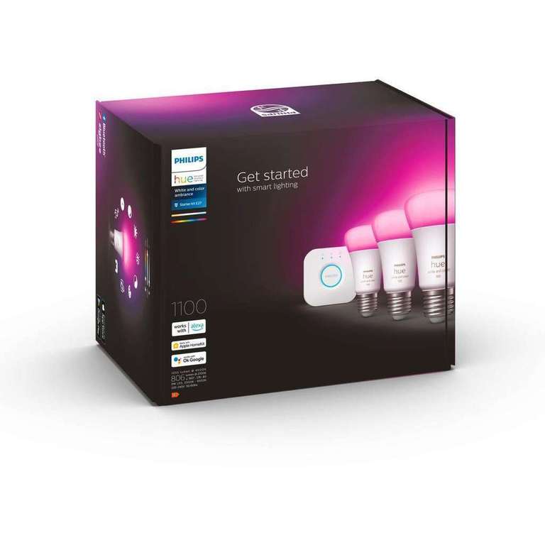 Pack Philips Hue : 3 Ampoules White & Color Ambiance E27 (1100 lm) + Pont de connexion + Lampe Go V2