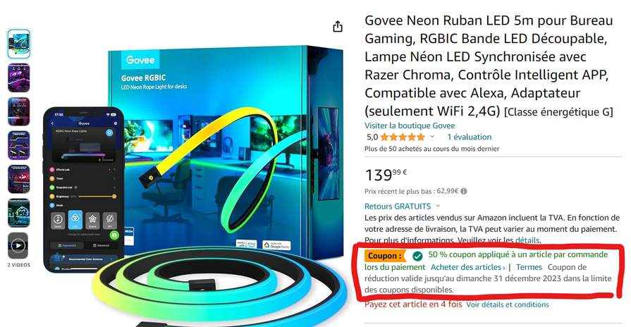 Ruban LED connecté Govee Neon - 5m, RGBI, Compatible avec Alexa