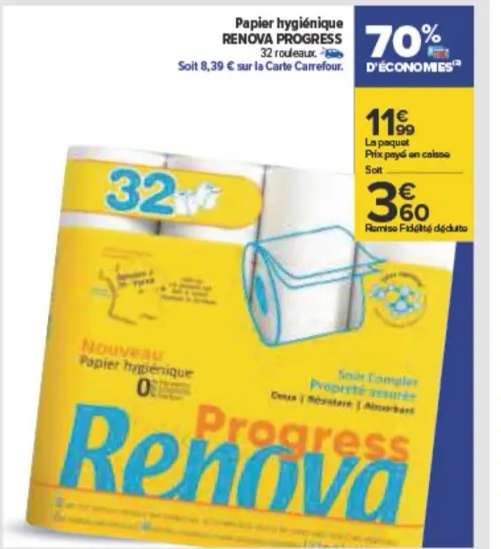 Paquet de 32 rouleaux de papier hygiénique Renova Progress (via 8.39€ sur la carte fidélité)