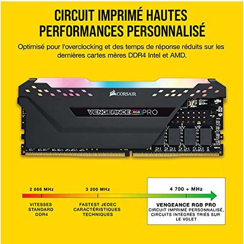 Kit mémoire RAM Corsair Vengeance RGB Pro CMW16GX4M2D3600C18 - 16 Go (2 x 8 Go), DDR4, 3600 MHz C18