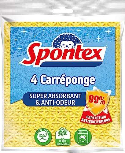 Lot de 4 Carréponge Spontex - éponges Plates résistantes et Flexibles, Protection Anti-bactéries (via abonnement)