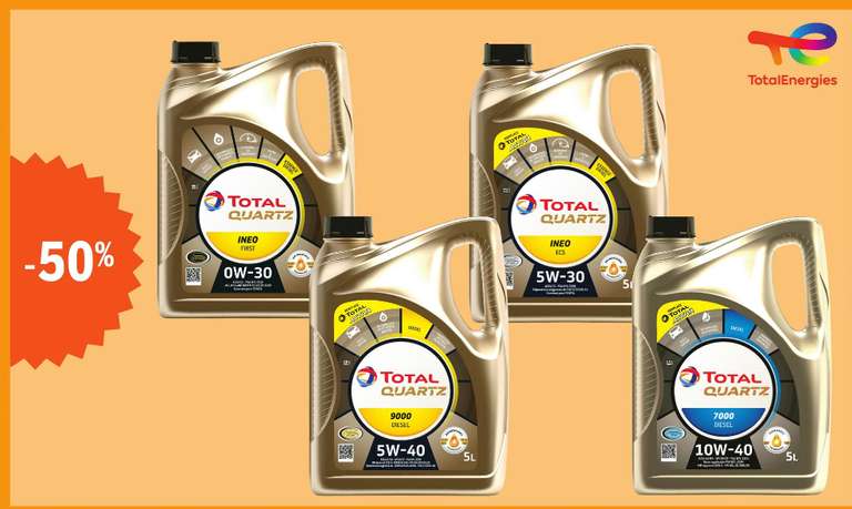 50% de réduction immédiate sur les produits de la gamme d'huiles Total Quartz (Format 5 Litres uniquement) - Leclerc Auto