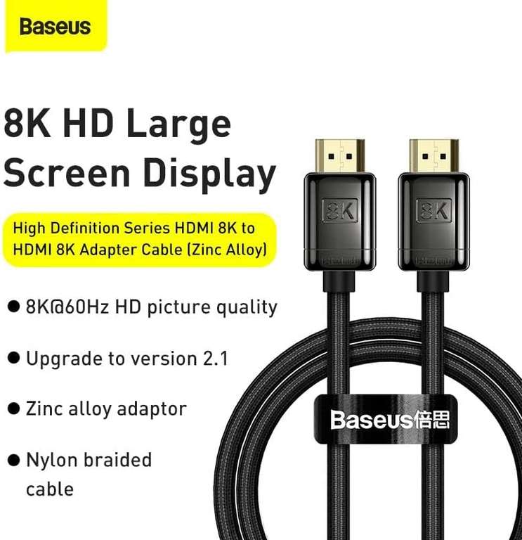 Câble HDMI 2.1 Baseus - 4K @ 120Hz & 8K @ 60Hz, 48Gbps, eARC, Dolby Vision, HDCP 2.3, 1m (2m à 6,67€)