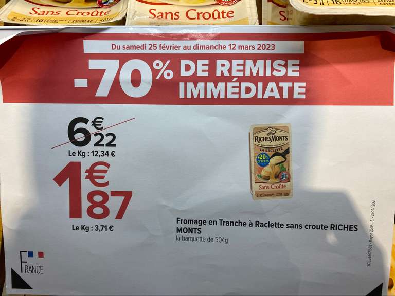 Sélection de Fromages à raclette en Promotion - Ex: Fromage en Tranche à raclette sans croute Riches Monts - Champs-sur-Marne (77)