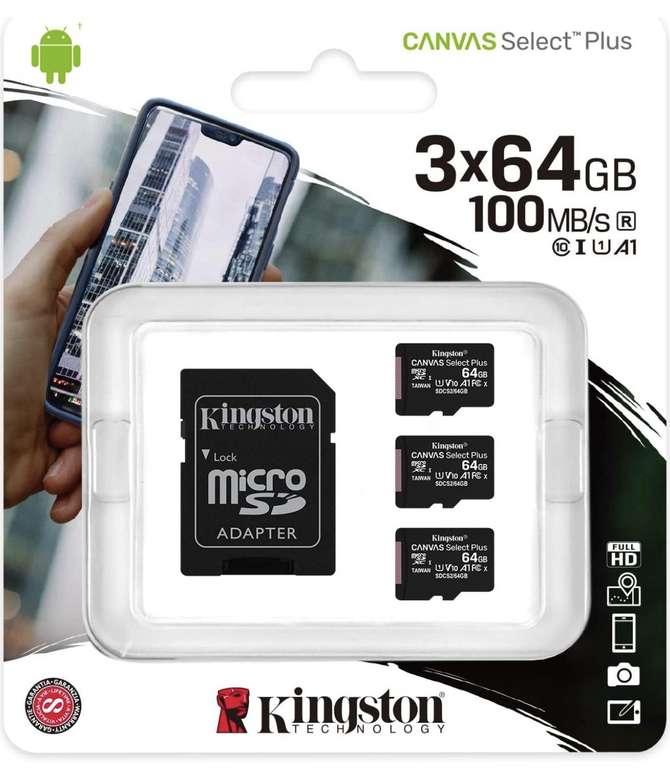 Lot de 3 cartes microSD Kingston Canvas Select Plus - 64 Go