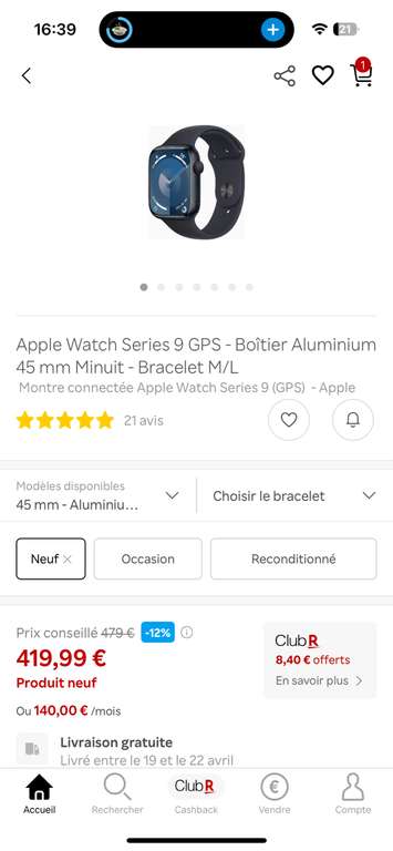 Montre Connectée Apple Watch Serie 9 GPS - 45mm - Aluminium noir - Bracelet silicone minuit M/L