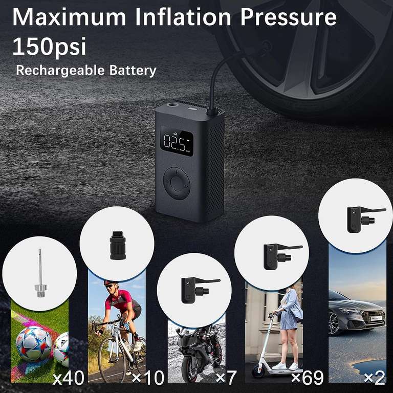 Gonfleur & Pompe à air électrique Xiaomi Mi Air Pump 2 (2023) - Écran LED, USB-C, Pression de gonflage : 0.2-10.3ba/3-150 PSI, 2000mAh