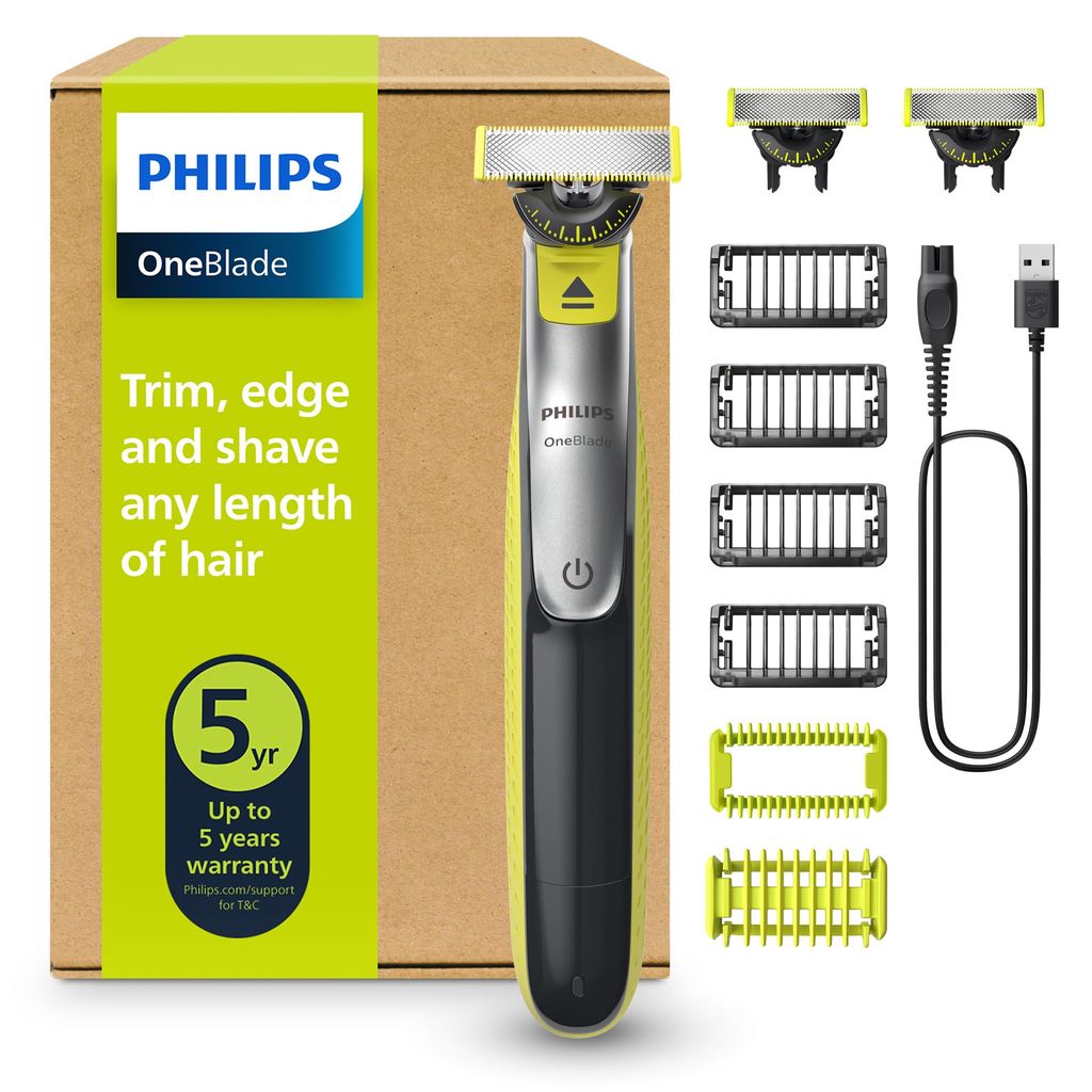 Tondeuse à Barbe Électrique Philips OneBlade 360 Authentique Visage & Corps - avec 2 Lames 360, 4 Sabots & 1 Kit Corps