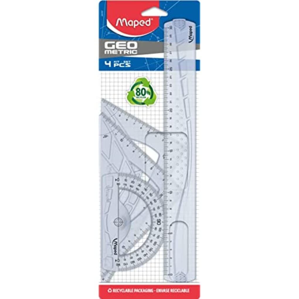 Kit Géométrie 4 en 1 Maped - Règle 30 cm + Équerre Scolaire 60°/21 cm + Équerre Scolaire 45°/21 cm + Rapporteur 180° / 12 cm