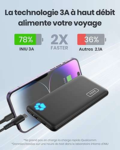 Batterie Externe Power Bank Ultra Mince 3A Charge Rapide 10000mAh (vendeur tiers, via coupon)