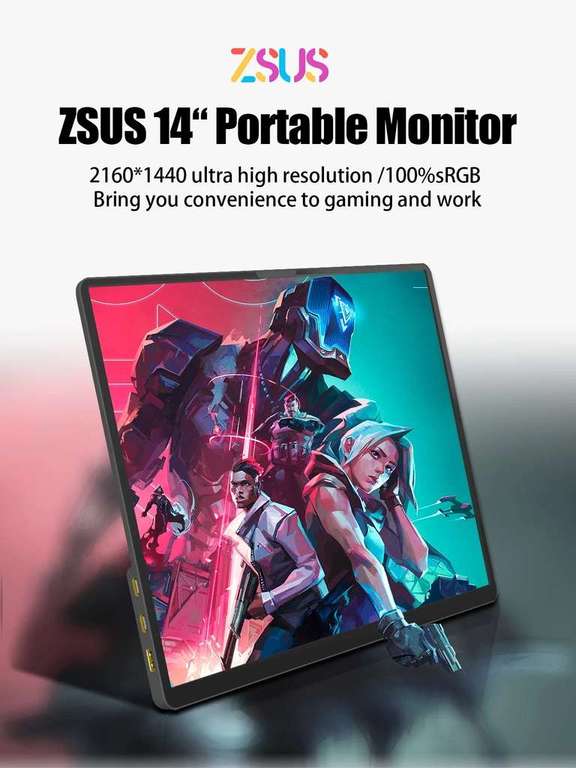 Écran portable 14" ZSUS - 2K (2160x1440), 60Hz, 100% sRGB, HDR10, 2x USB-C, Mini-HDMI, Haut-parleurs intégrés