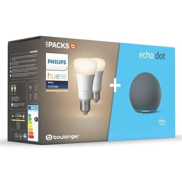 Assistant vocal Amazon Echo Dot 4 (Anthracite) + Lot de 2 Ampoules connectées Philips Hue White E27