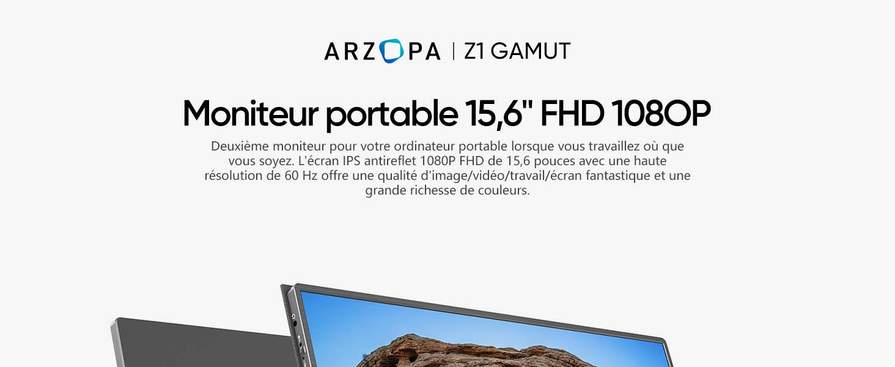 ARZOPA A1 GAMUT Écran portable ultra fin 1080p pour ordinateur portable 14  Écran externe FHD 1080p avec deux haut-parleurs et deuxième écran pour